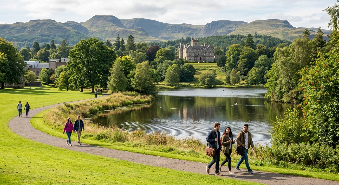 University of Stirling campus with lush green grounds, Airthrey Castle in the background, Ochil Hills landscape, students walking along pathways near Airthrey Loch in Scotland