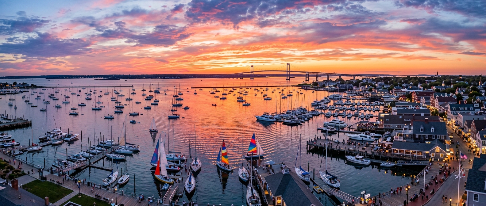 Panoramic view of Newport Rhode Island harbor with sailboats, historic waterfront buildings, the Newport Bridge in the background, and a vibrant sunset reflecting on Narragansett Bay