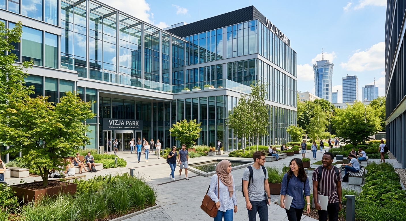 Modern Vizja Park campus building in Warsaw Poland, contemporary glass and steel architecture, international students walking through a sunlit courtyard, green landscaping, urban setting in the Wola district