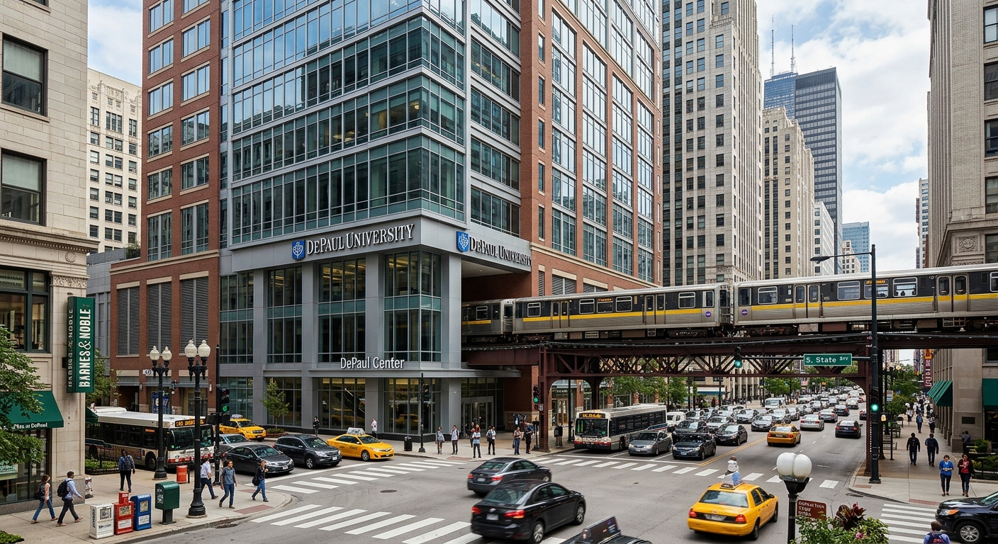 DePaul University Loop campus, modern high-rise DePaul Center building at Jackson Boulevard, urban downtown Chicago setting, elevated train tracks nearby, bustling city street