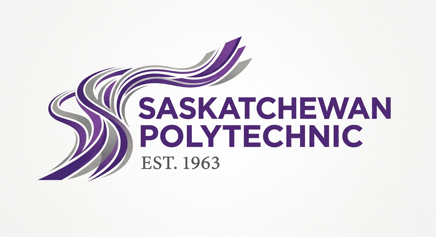 Saskatchewan Polytechnic official logo featuring grey and purple energy path design behind the institution name