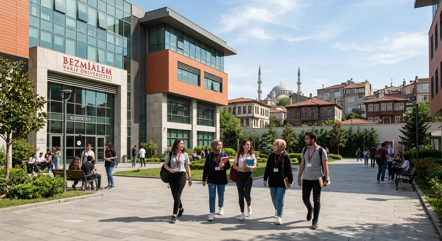Modern health sciences faculty building at Bezmialem Vakıf University in Istanbul, Turkey, with audiology students walking through a sunlit campus courtyard, historic Fatih district architecture visible in the background