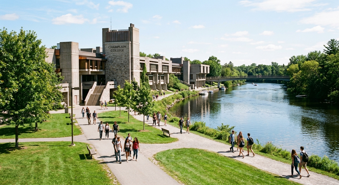 Champlain College at Trent University with stone and concrete buildings along the riverbank, green lawns, students walking on pathways, bright sunny day