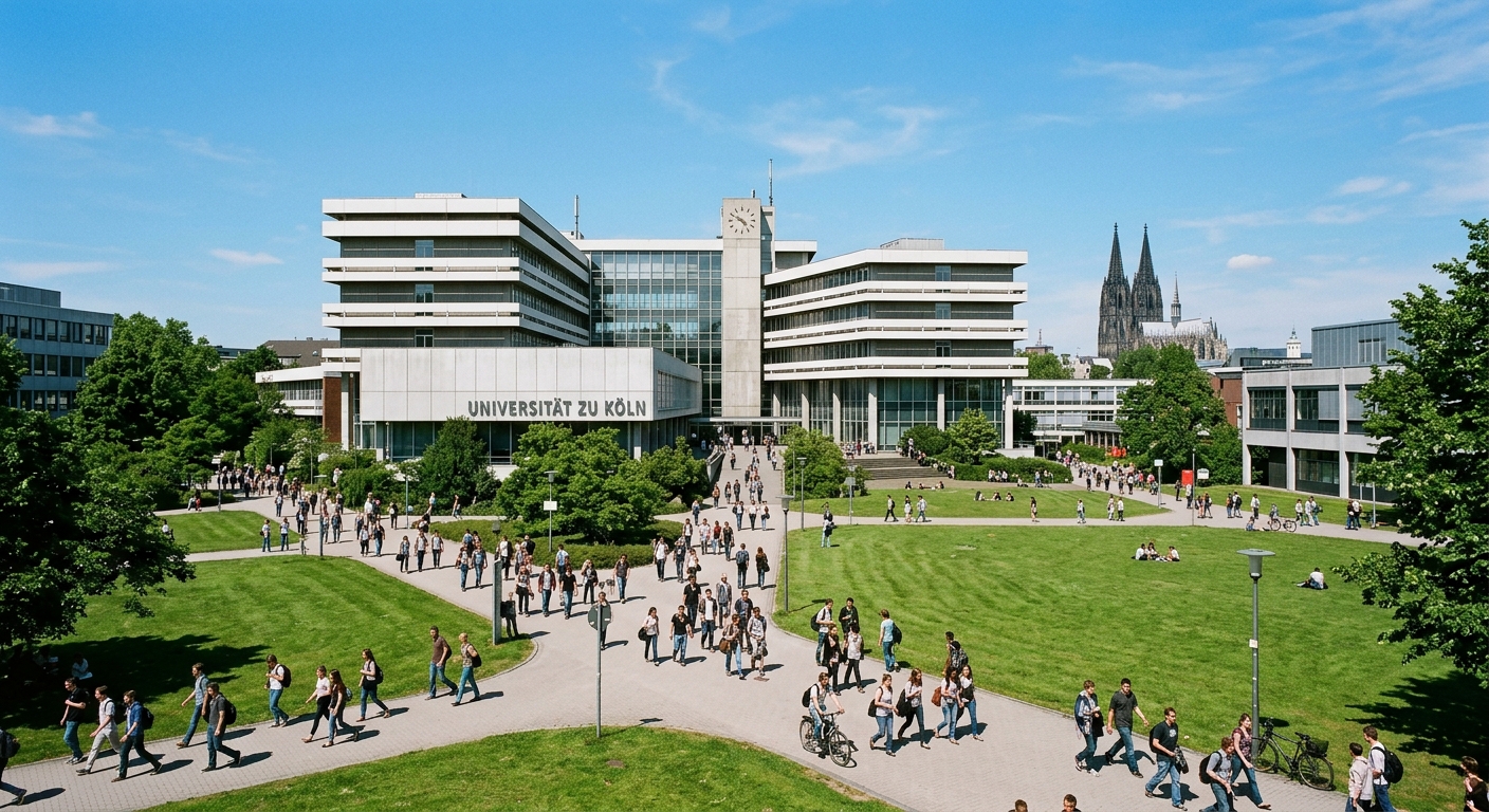 University of Cologne main building wide shot, modernist architecture by architect Riphahn, large urban campus with green lawns, students walking, Cologne Cathedral visible in the distant background, clear blue sky