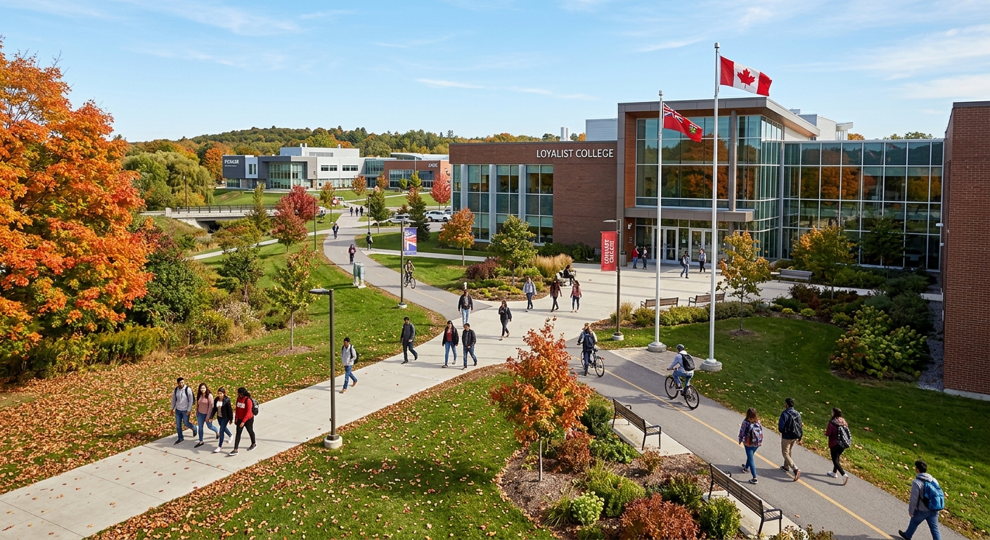 Loyalist College campus in Belleville Ontario with modern buildings surrounded by green spaces, students walking along pathways, Canadian flag visible, autumn trees and clear sky