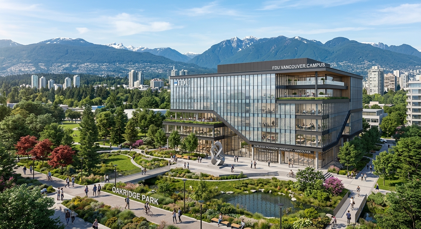 Architectural rendering of new FDU Vancouver campus at Oakridge Park, modern glass and steel building, green landscaping, urban park setting with mountain backdrop