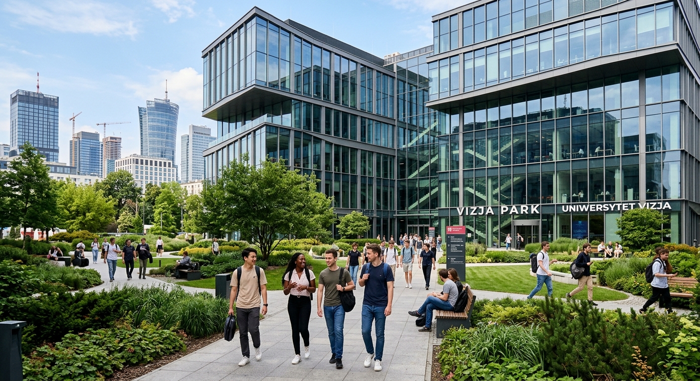 Modern Vizja Park campus building in Warsaw Poland, glass facade with international students walking through courtyard, green landscaping, contemporary university architecture in the Wola district