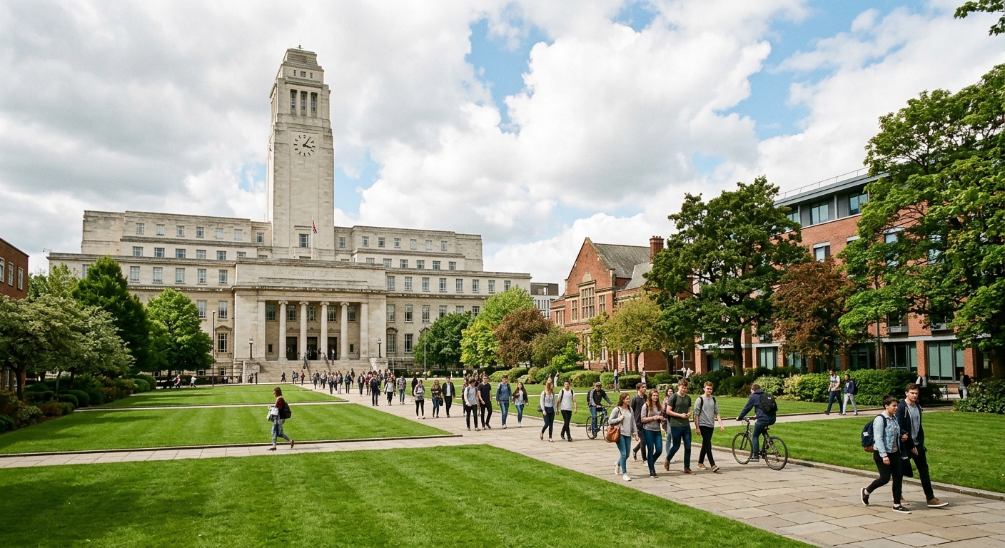 University of Leeds campus with the iconic Parkinson Building in the background, green lawns in the foreground, students walking along pathways, modern and historic architecture blending together under a partly cloudy British sky