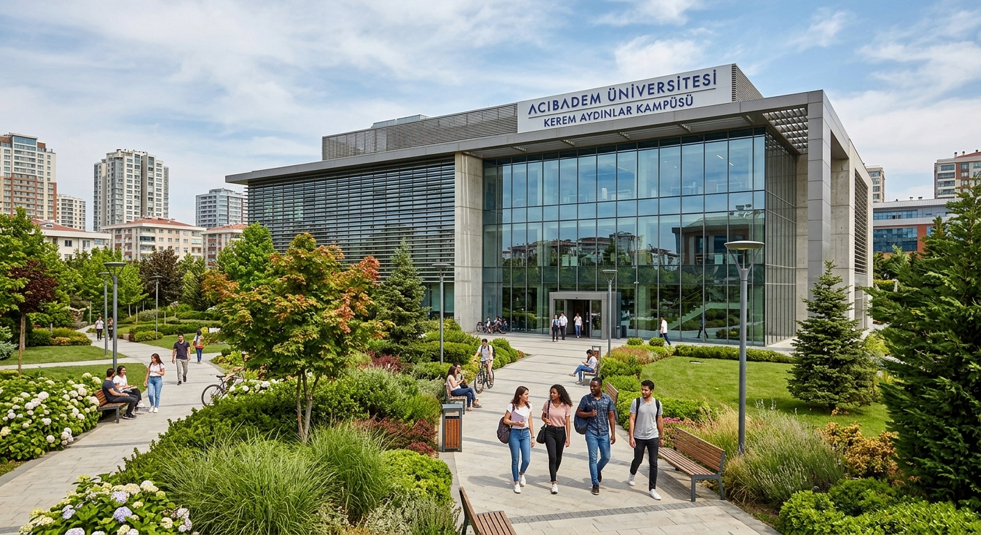 Modern Kerem Aydınlar Campus main building with glass facade, landscaped gardens, and student walkways at Acıbadem University in Ataşehir Istanbul