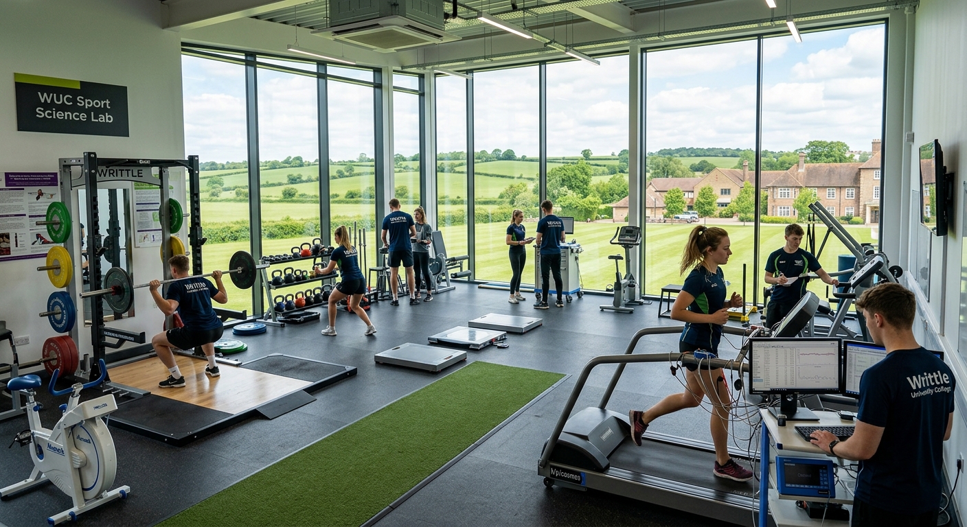Students training in a modern sports science laboratory at Writtle University College campus, surrounded by green Essex countryside, with exercise physiology equipment and a strength and conditioning suite visible
