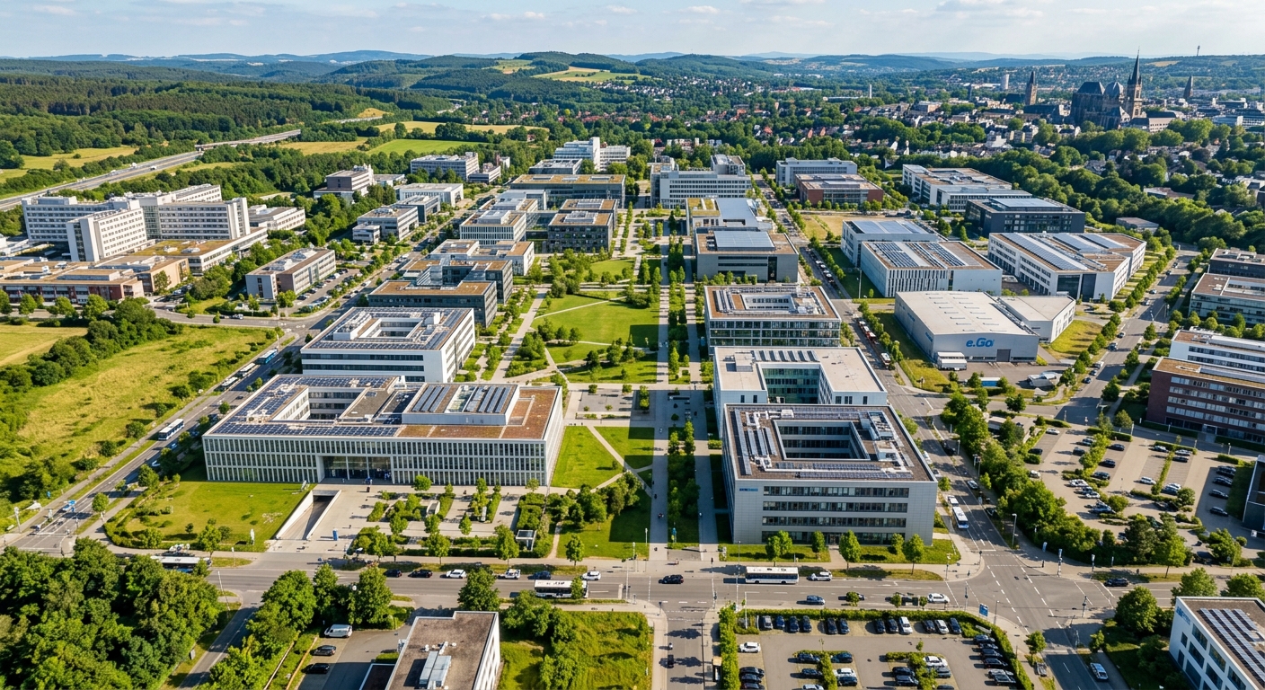 RWTH Aachen Campus Melaten aerial view, modern research buildings and laboratories, green spaces between buildings, industrial research park setting