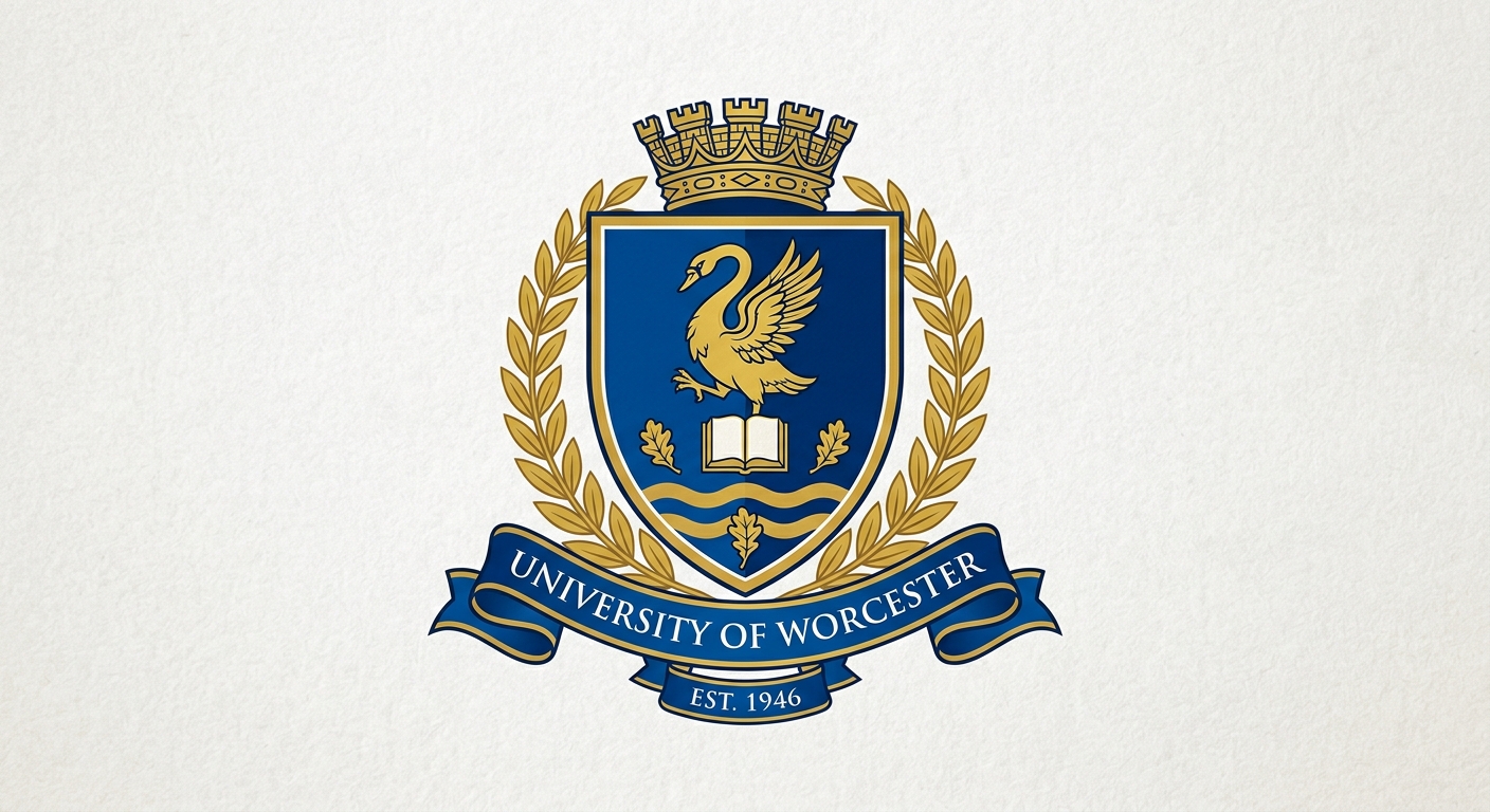 University of Worcester official logo, shield emblem with blue and gold colors, text reading University of Worcester