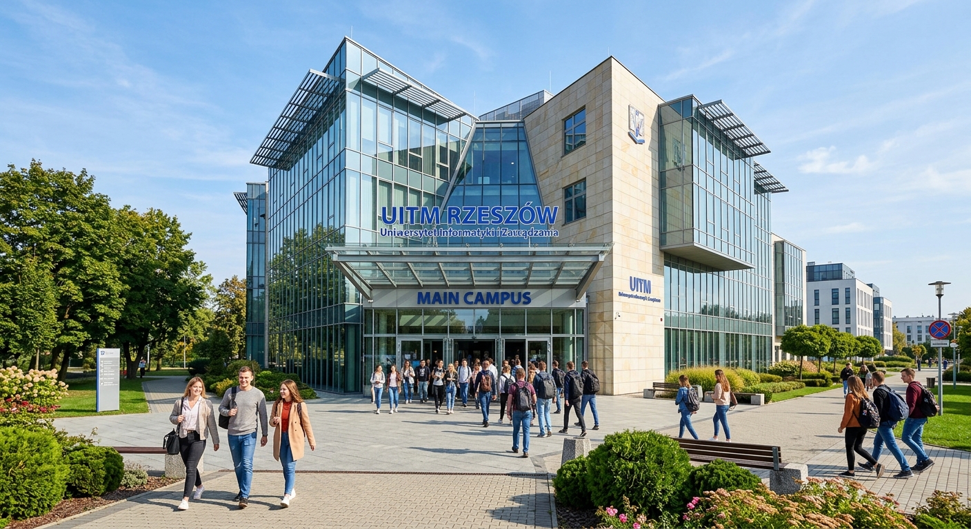 UITM Rzeszow main campus building, modern architecture with glass facade, students entering the main entrance, landscaped grounds, sunny day in Poland