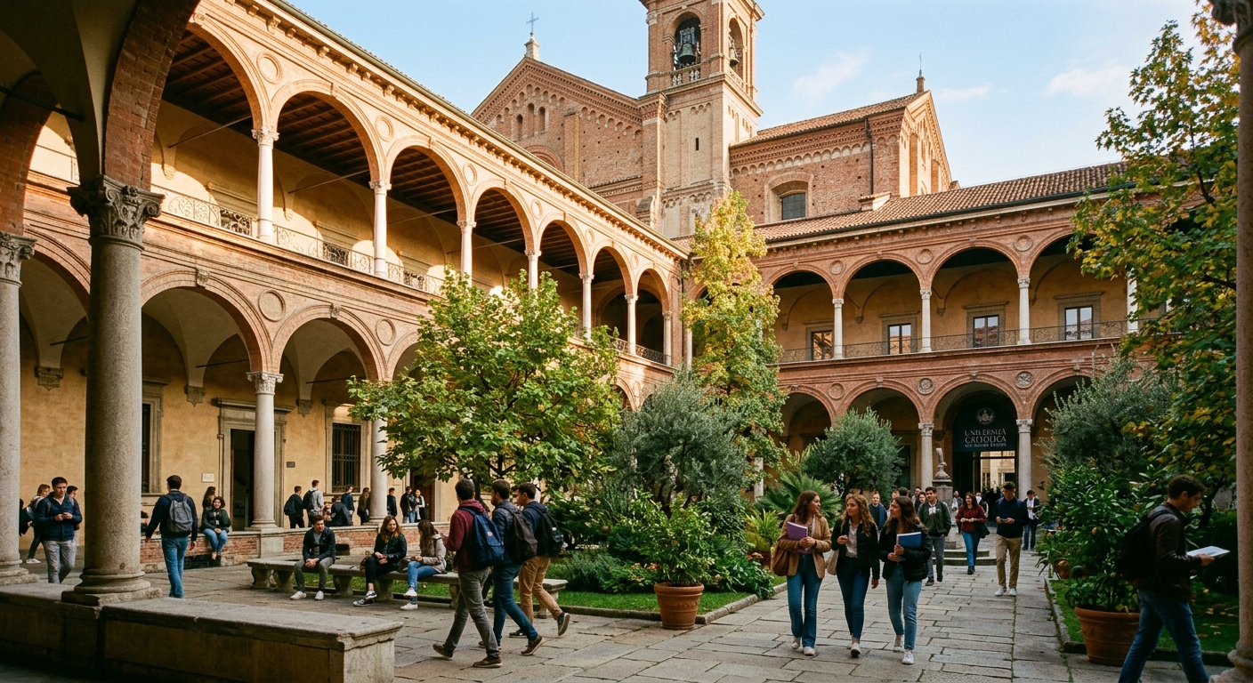 Historic Cistercian monastery campus of Università Cattolica del Sacro Cuore in Milan, Italy, with arched cloisters, students walking through courtyard, warm Mediterranean light