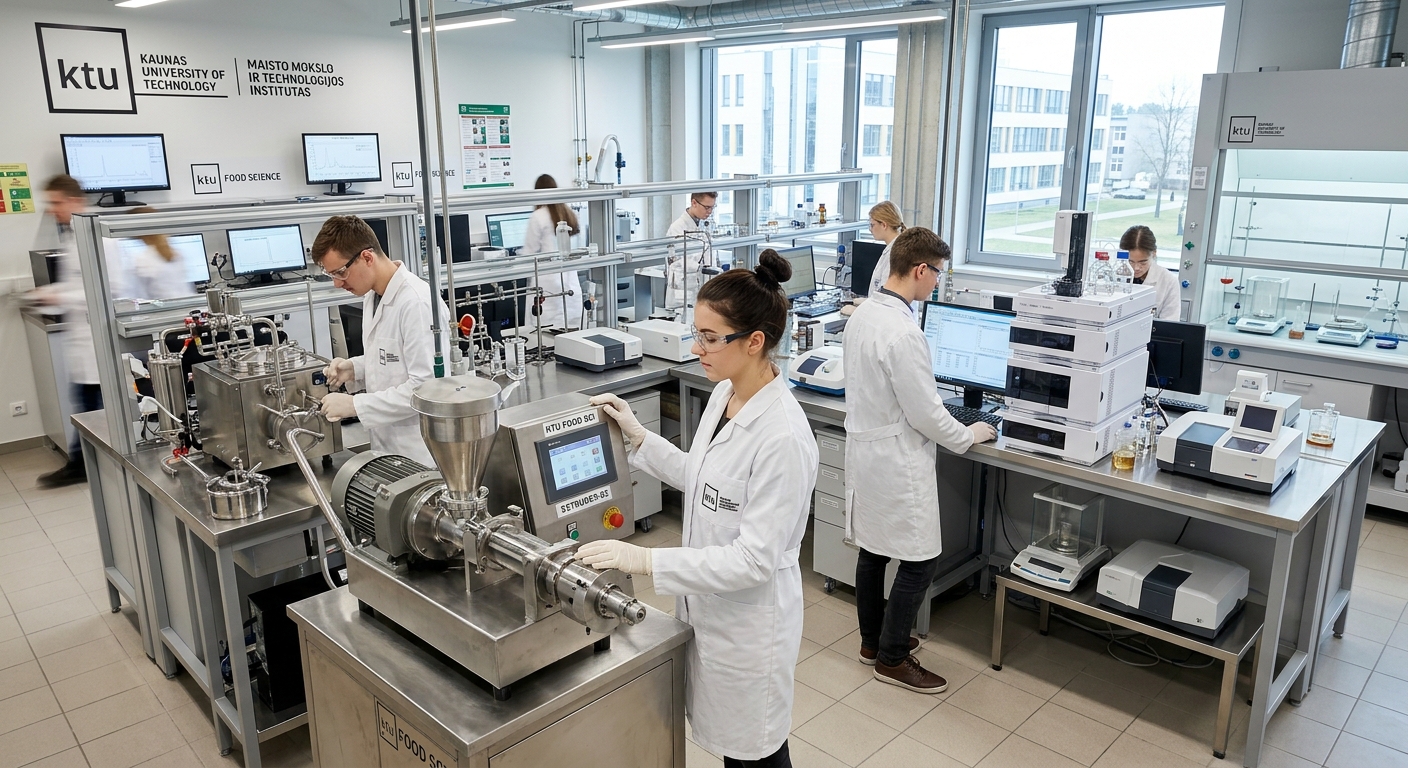 Modern food science laboratory at Kaunas University of Technology, students in white lab coats working with pilot-scale food processing equipment, chromatography instruments and analytical tools visible, bright well-lit research environment with Lithuanian university branding