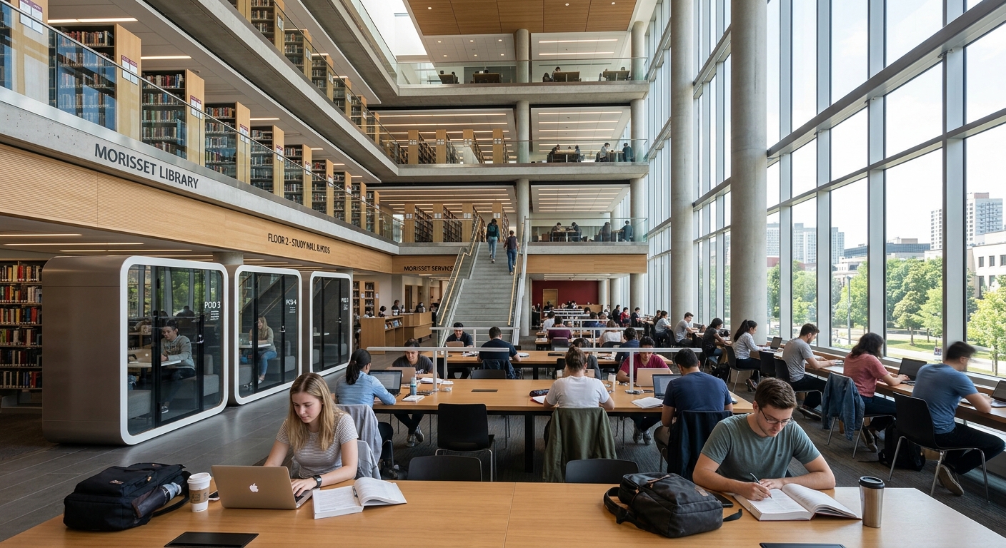 University of Ottawa Morisset Library interior, students studying at desks, large windows with natural light, multiple floors of bookshelves, modern study pods