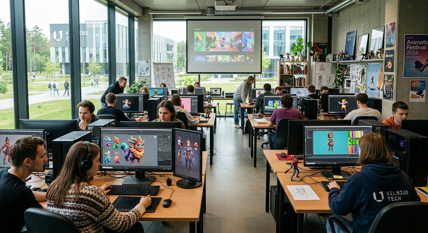 Modern university campus in Vilnius Lithuania with students working on computers in a digital animation lab, colorful 3D character models displayed on screens, creative studio atmosphere with natural light