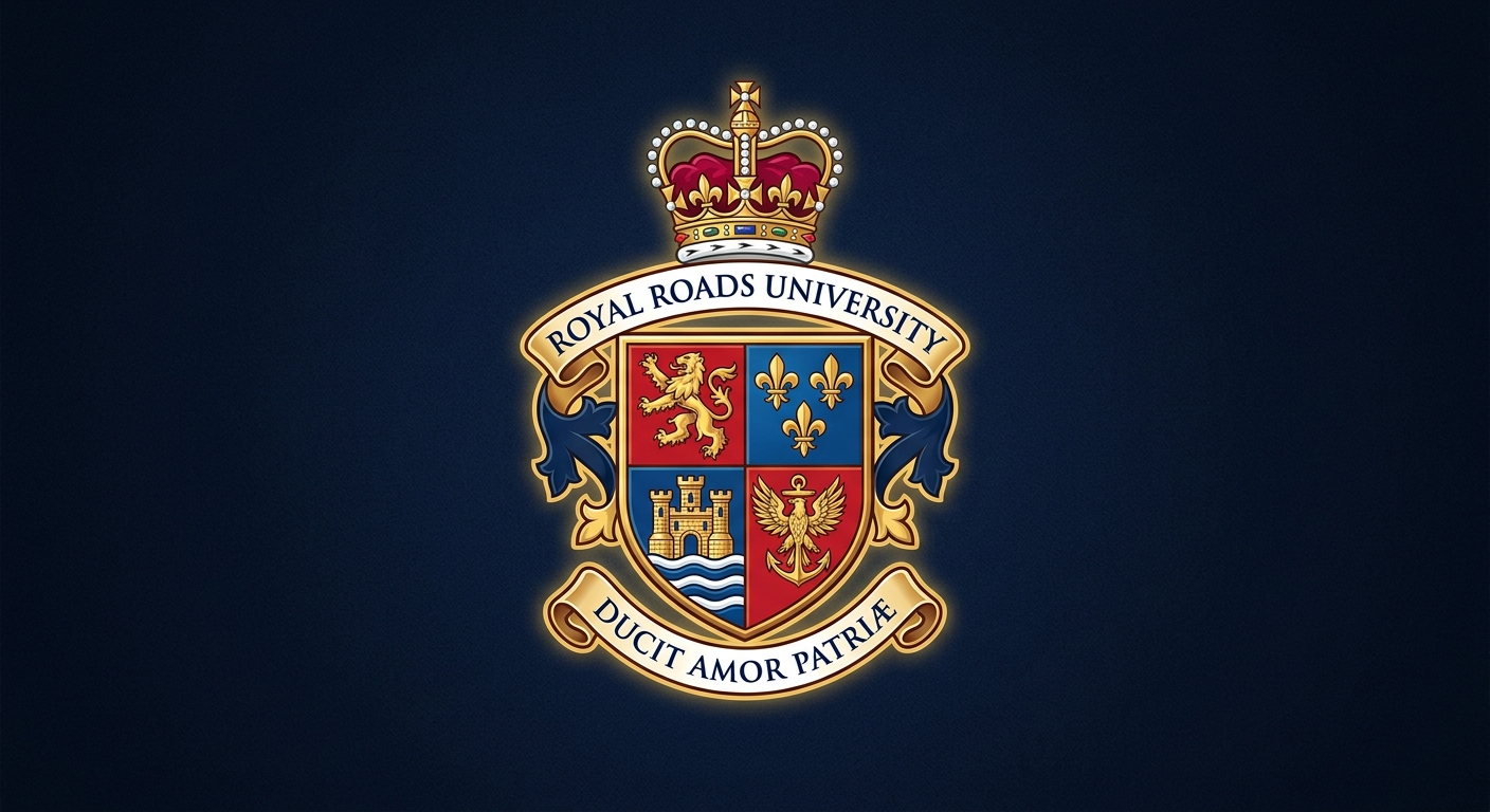 Royal Roads University official logo featuring the university crest with crown and shield elements on a dark blue background