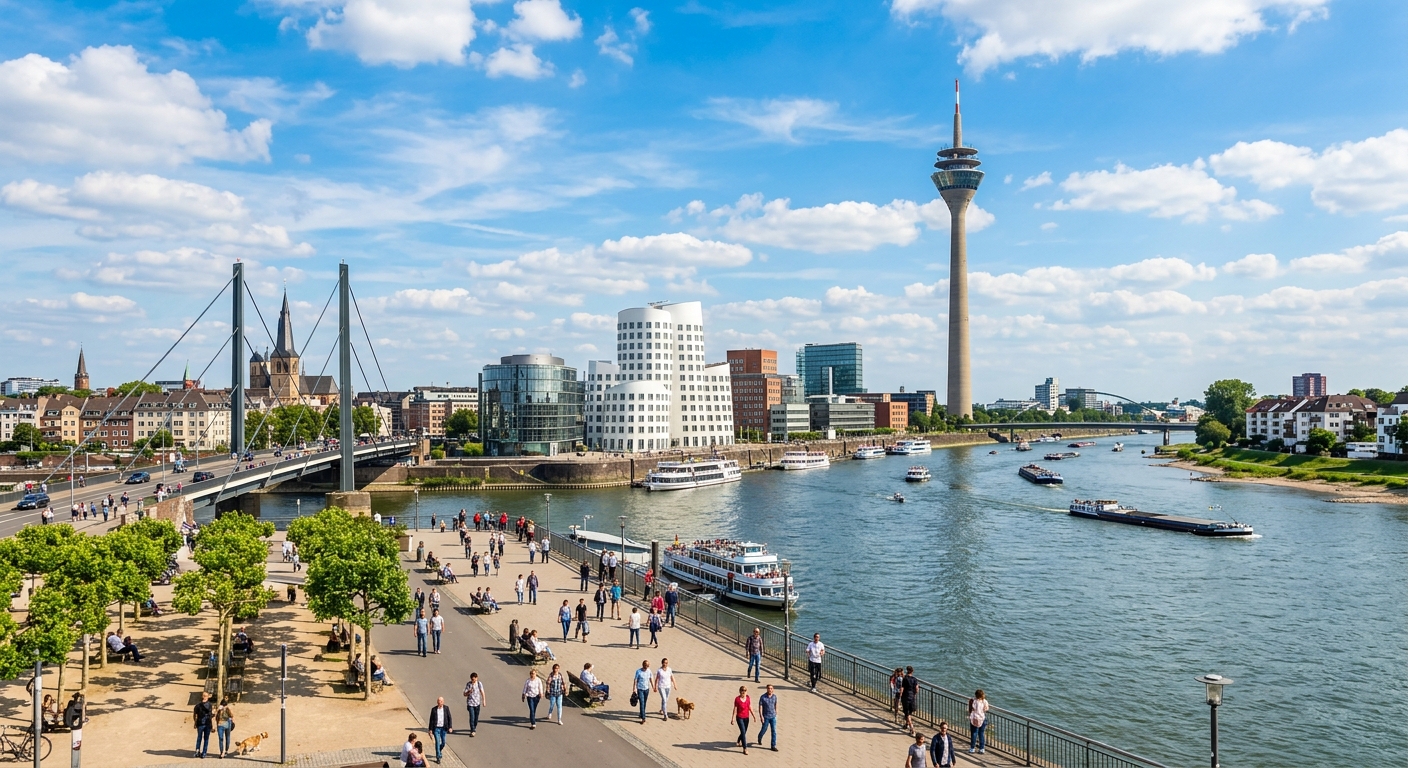 Düsseldorf cityscape along the Rhine River, Rheinturm tower, MedienHafen modern architecture, bridges, blue sky, waterfront promenade with people