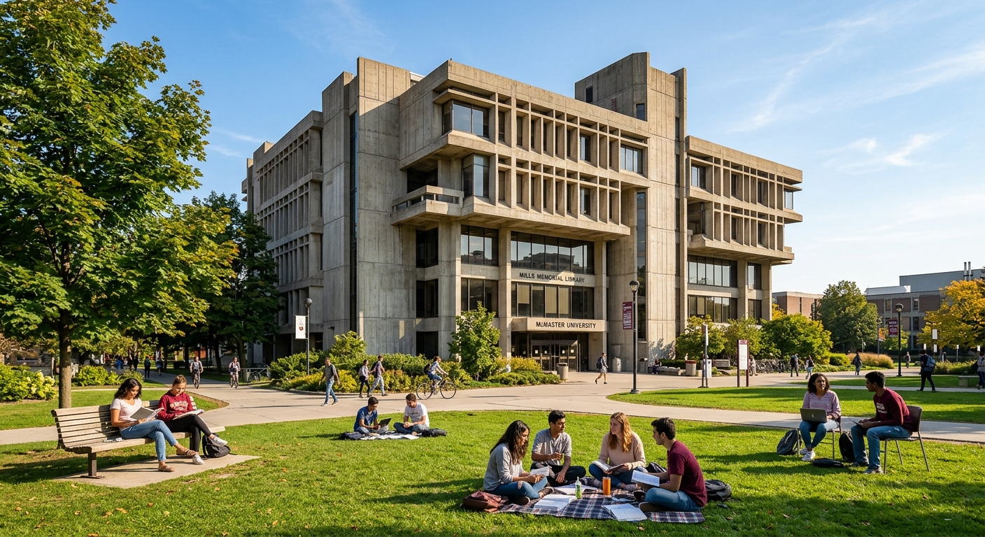 McMaster University Mills Memorial Library, a multi-story brutalist concrete building surrounded by green lawns and mature trees, students studying outdoors on sunny day