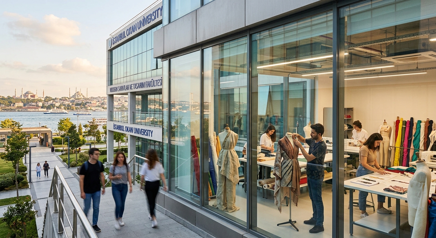 Istanbul Okan University modern campus building with fashion design studio interior visible through glass windows, mannequins with draped fabrics, Istanbul skyline in background, warm Mediterranean light