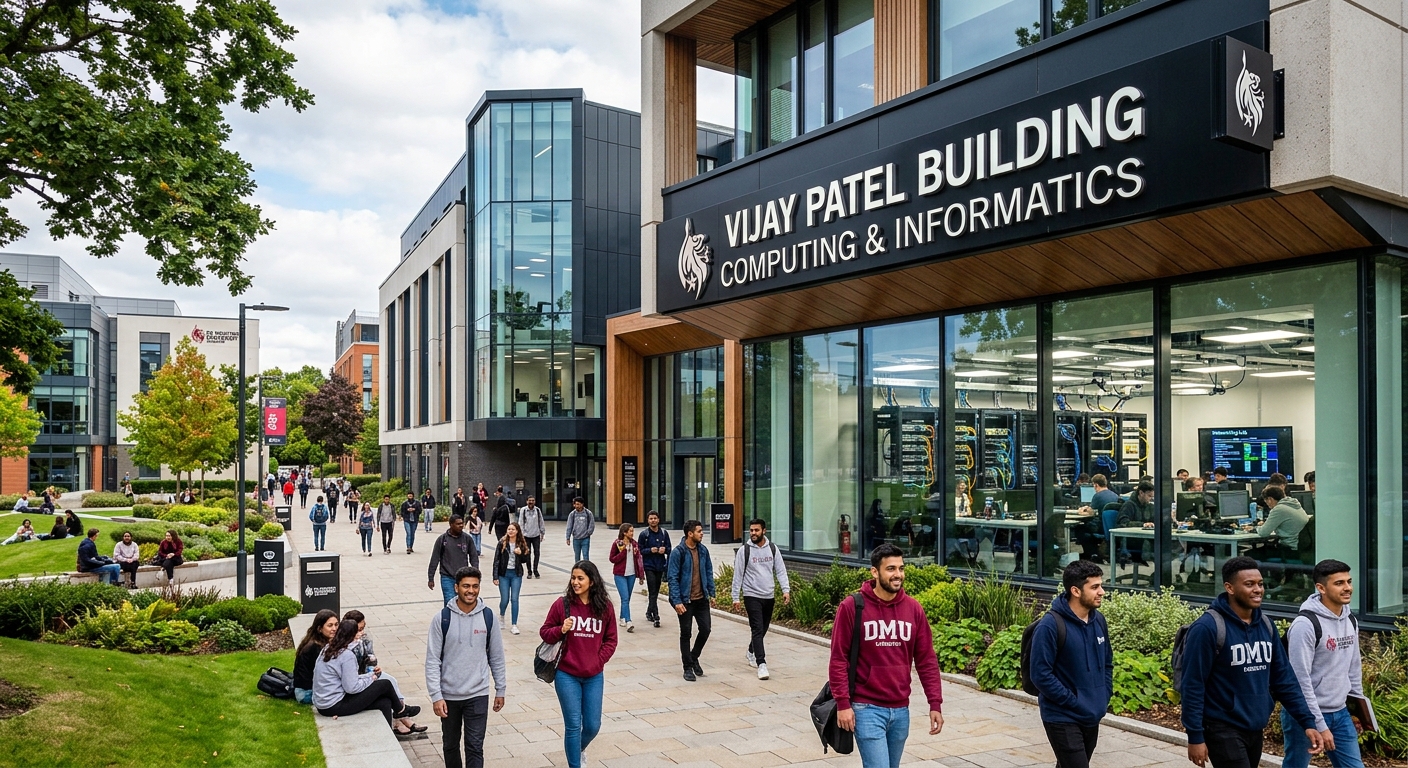 Modern university campus at De Montfort University Leicester, featuring the Vijay Patel Building for Computing and Informatics, students walking across campus with green spaces and contemporary architecture, networking lab equipment visible through glass windows