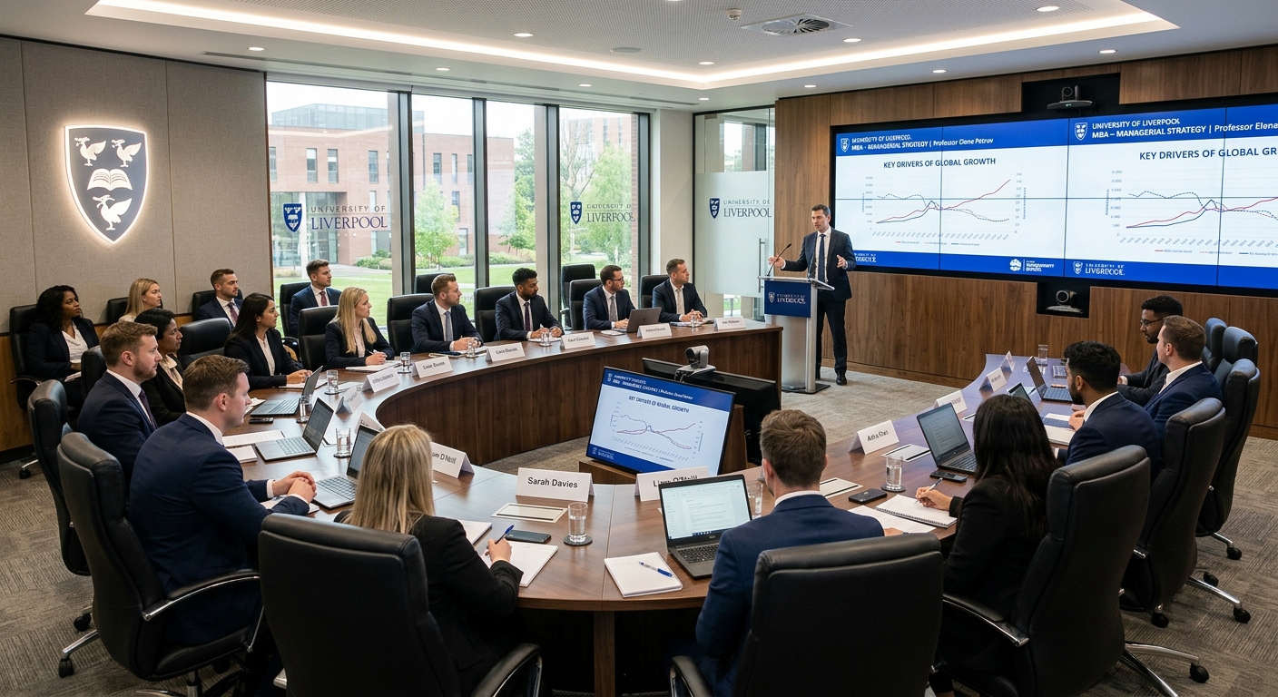 University of Liverpool MBA Suite, professional boardroom-style classroom, executive seating, large presentation screens, business school atmosphere