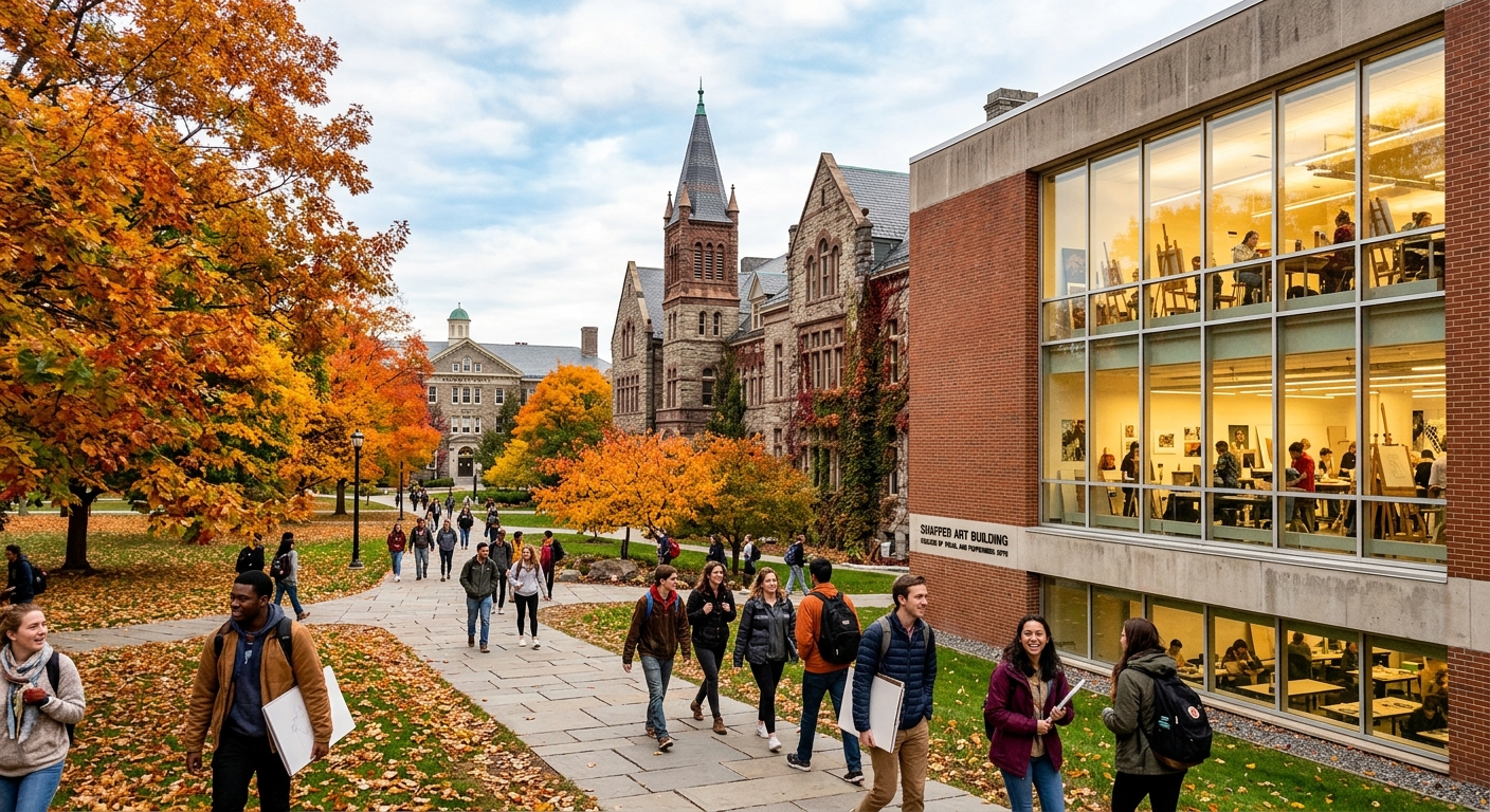 Syracuse University campus in autumn with orange and gold foliage, students walking along pathways near the Shaffer Art Building and the College of Visual and Performing Arts, design studio visible through large windows, modern architecture blending with historic stone buildings