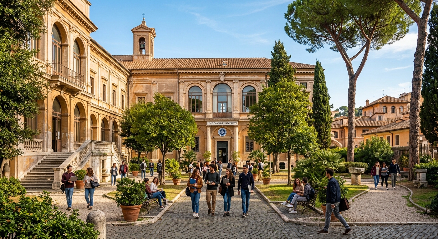 Historic campus building of Link Campus University in Rome, Italy, with classical Italian architecture, students walking through a courtyard with green trees, warm Mediterranean sunlight