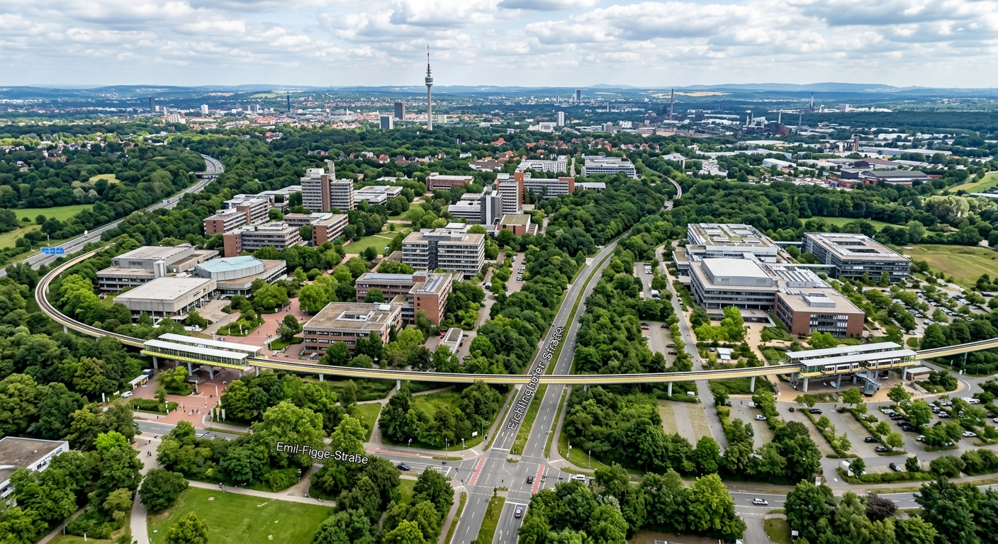 TU Dortmund University campus aerial view showing North and South campuses connected by the H-Bahn monorail, modern university buildings surrounded by green spaces, Ruhr region landscape in background
