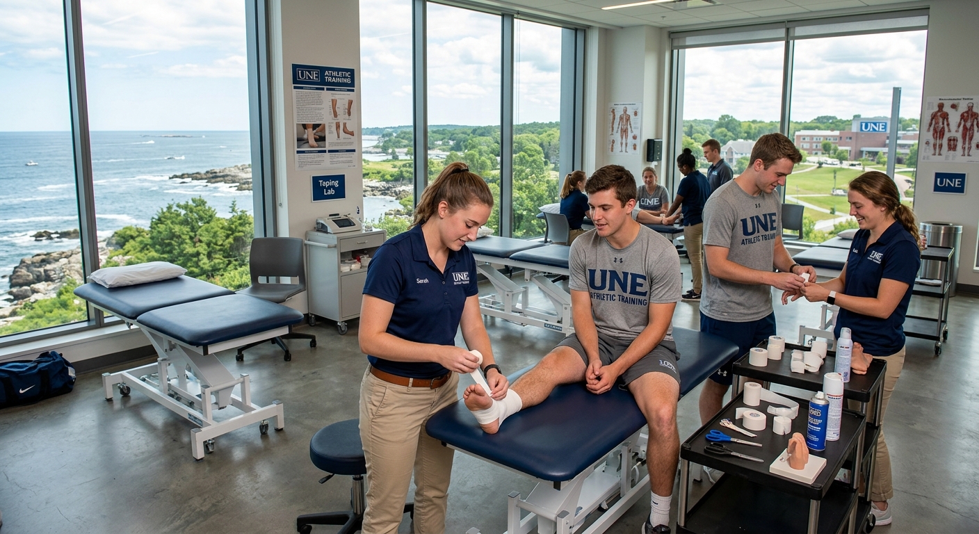 University of New England Biddeford campus with coastal Maine scenery, athletic training students practicing taping techniques in a modern clinical lab, ocean and greenery visible through large windows