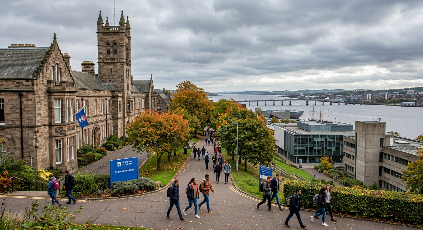 University of Dundee campus with historic stone buildings and modern facilities, overlooking the River Tay in Scotland, students walking along tree-lined pathways under overcast sky