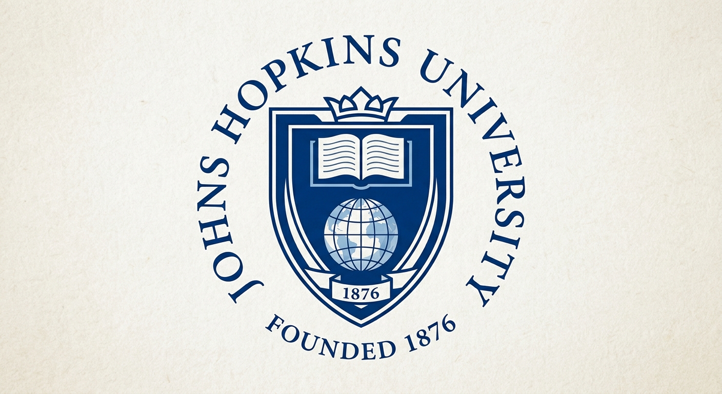Johns Hopkins University official logo, blue and white shield emblem with open book and globe, university name in serif typeface