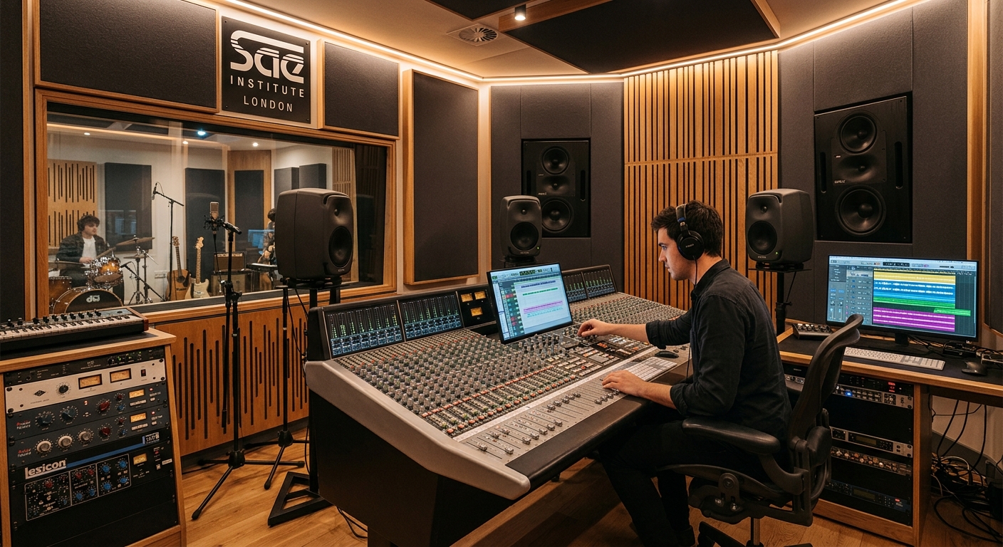 SAE Institute London professional recording studio with SSL mixing console, acoustic treatment panels, studio monitors, and warm ambient lighting