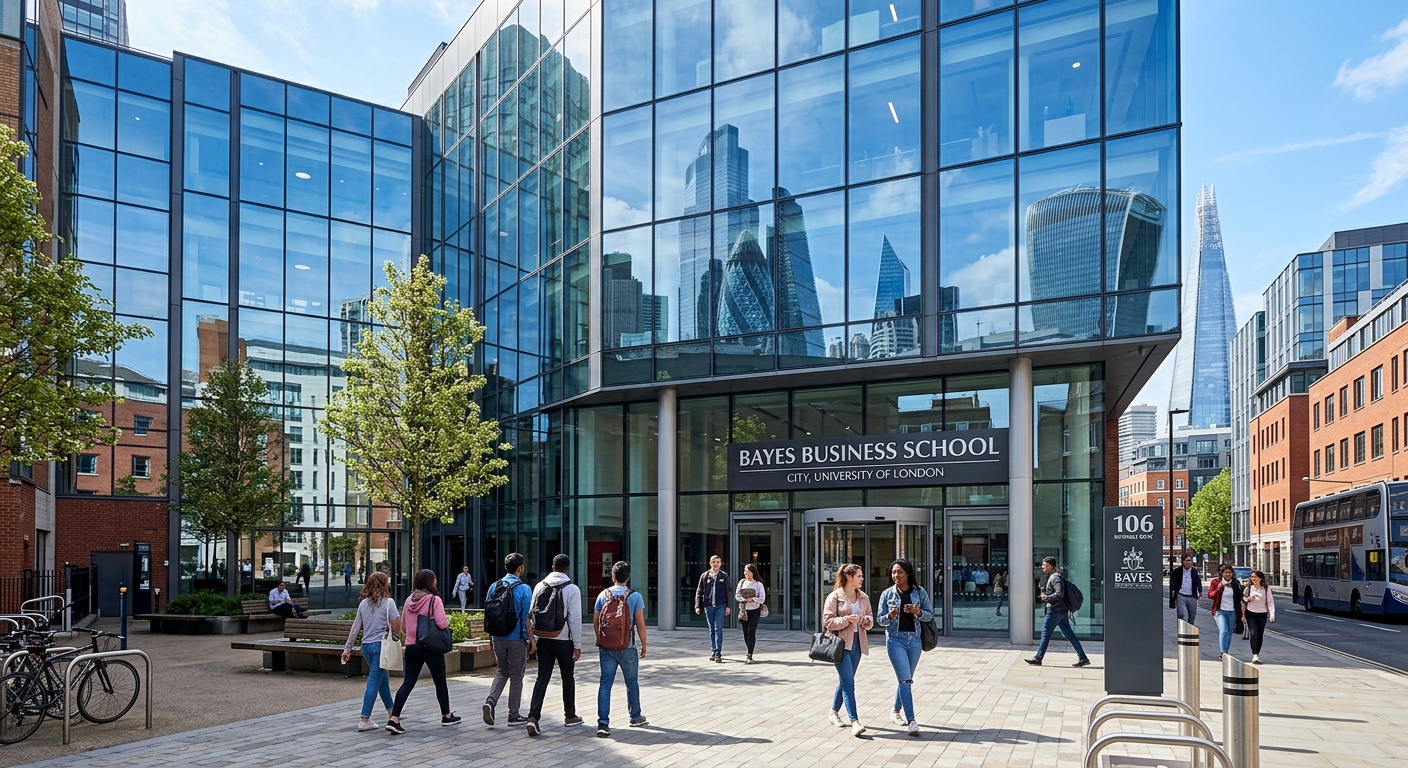 Modern Bayes Business School building at City St George's University of London, glass facade reflecting the City of London skyline, students walking through the entrance courtyard on a bright day