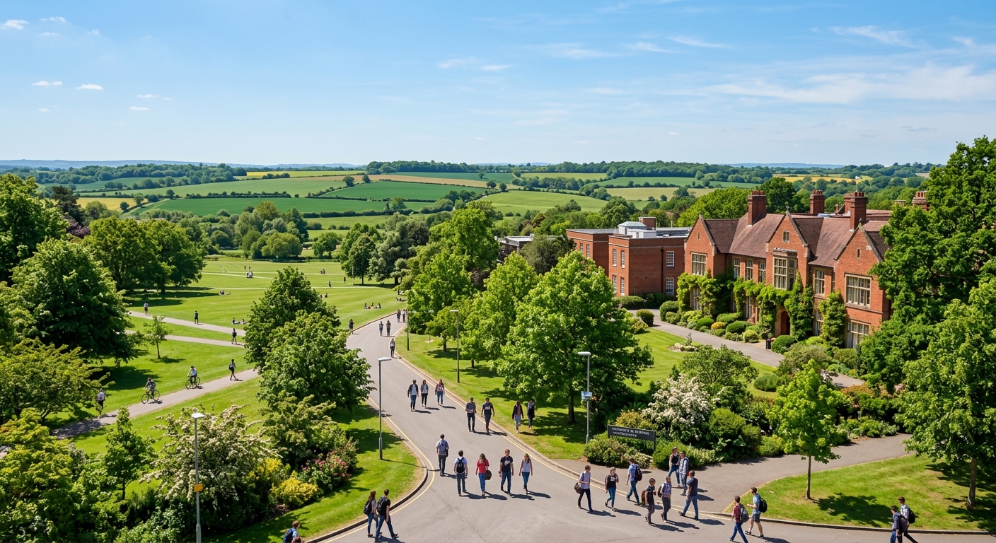 University of Reading Whiteknights campus with lush green parkland, agricultural fields in the background, students walking along tree-lined pathways, red-brick university buildings, bright sunny day in the English countryside