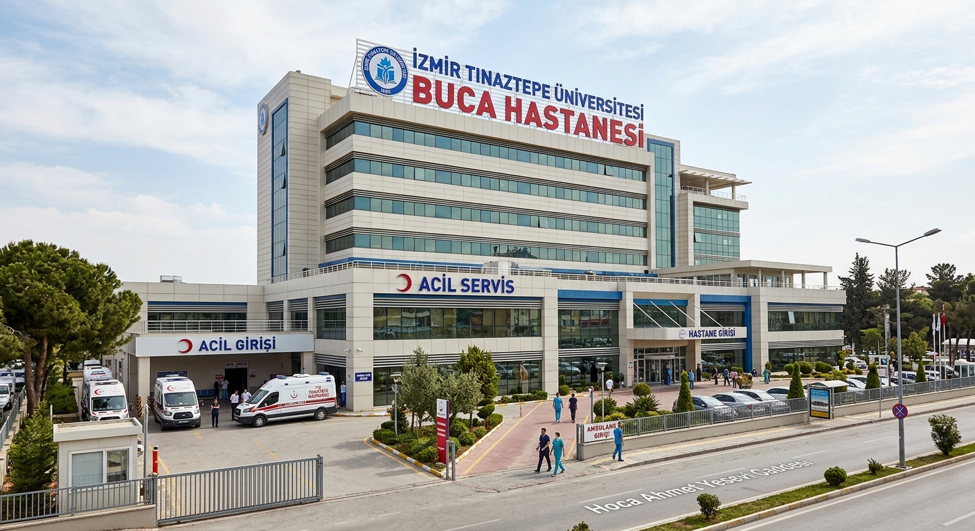 İzmir Tınaztepe University Buca Hospital exterior, multi-story medical facility with ambulance entrance, clinical setting with modern architecture