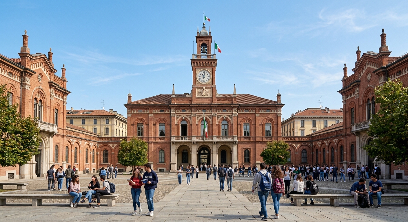 Politecnico di Milano Leonardo campus, historic symmetrical buildings designed by Gaetano Moretti, clock tower, students in courtyard, Città Studi district, clear sky