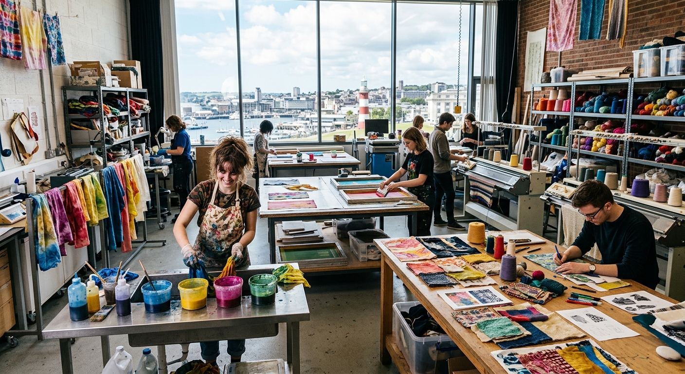 Vibrant textile design studio at Arts University Plymouth with colorful fabric samples on worktables, screen printing equipment, knitting machines, and students experimenting with dye techniques in a bright, naturally lit creative workspace overlooking Plymouth cityscape