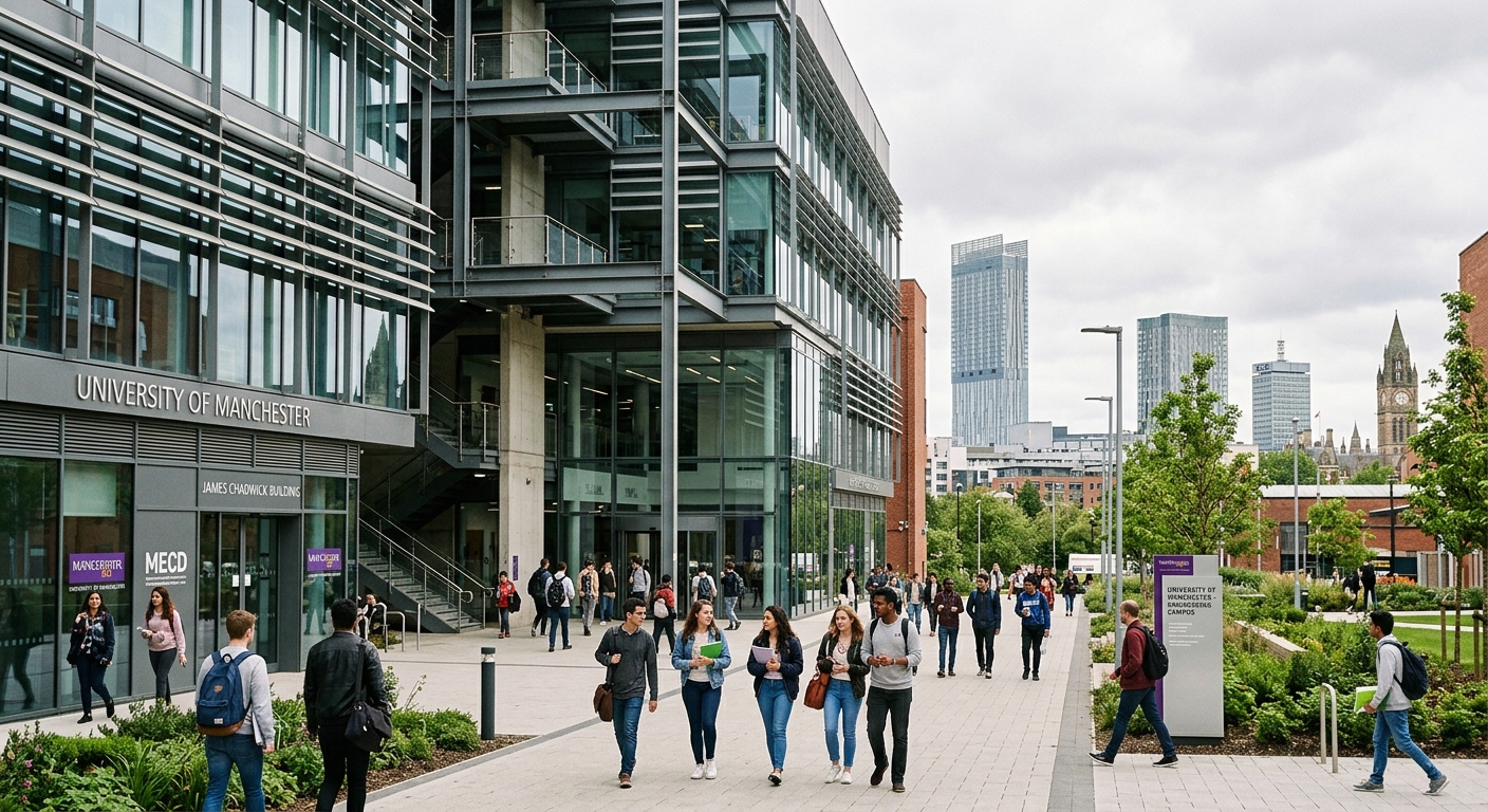 Modern Engineering and Materials Building at the University of Manchester campus, students walking past contemporary glass and steel architecture, Manchester city skyline in background, bright overcast day typical of northern England