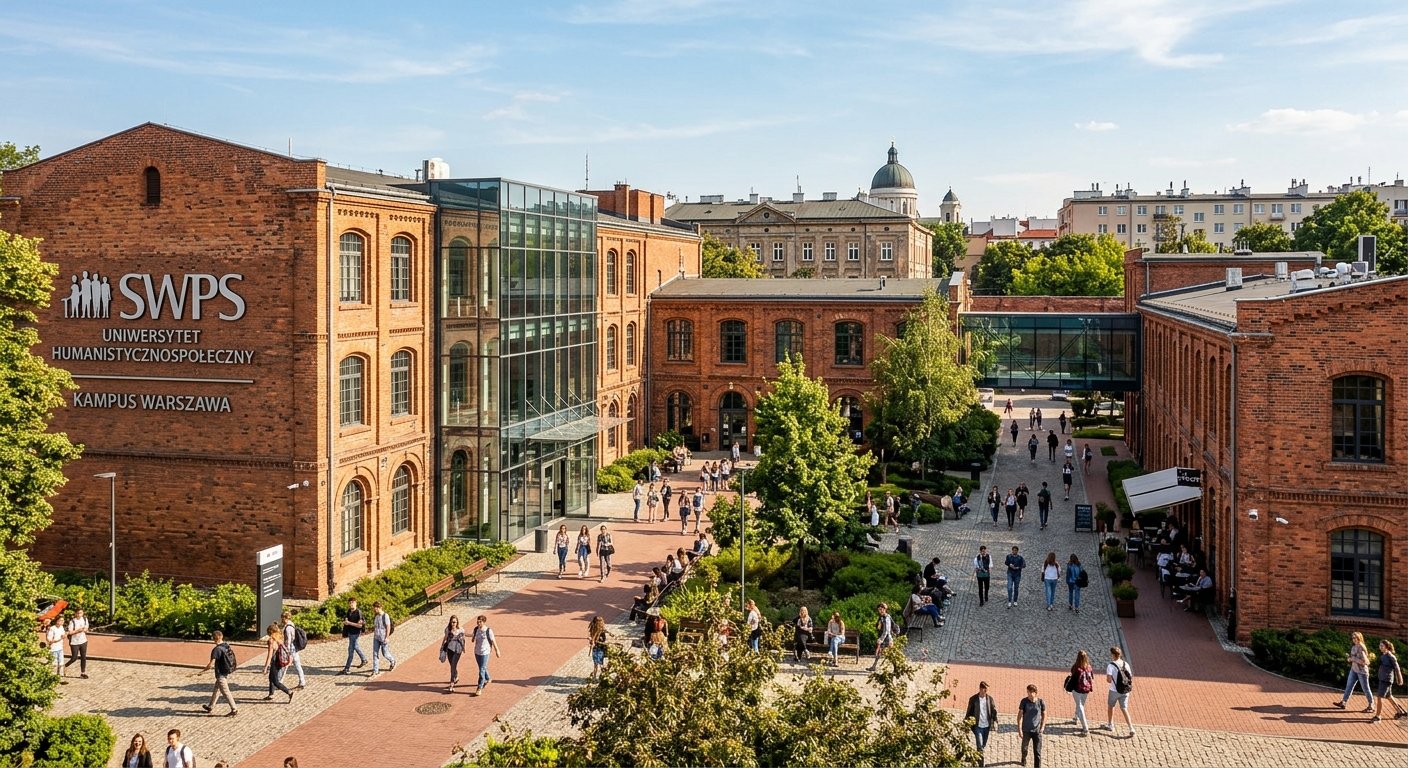 SWPS University Warsaw campus wide shot, renovated 1920s industrial brick buildings with modern glass elements, urban setting in Praga district, students walking through courtyard, warm daylight