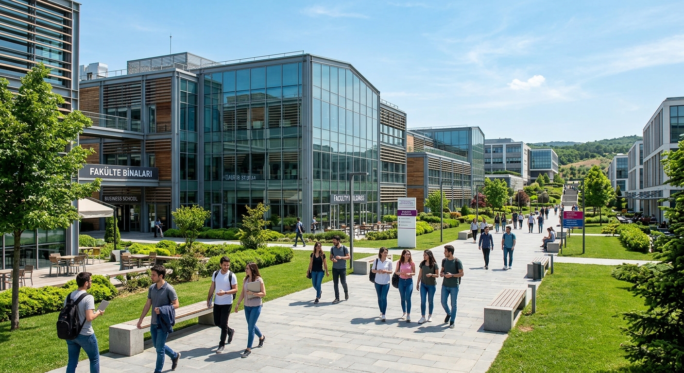 Modern Özyeğin University Çekmeköy campus in Istanbul with contemporary glass buildings, green landscaped courtyards, students walking between Faculty of Business buildings under clear blue sky