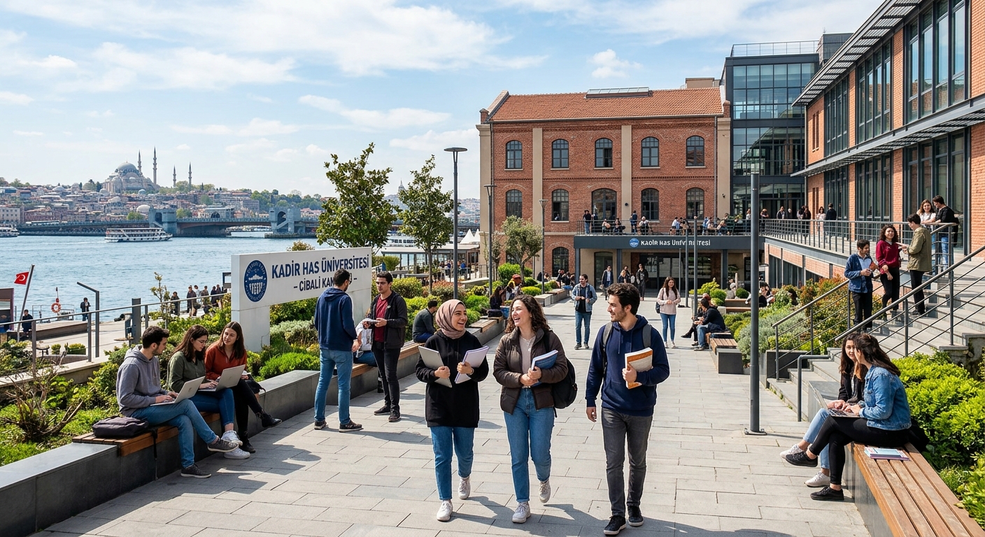 Modern Kadir Has University campus building along the Golden Horn waterfront in Istanbul, historic architecture blended with contemporary academic facilities, students walking across a sunlit courtyard with laptops and books