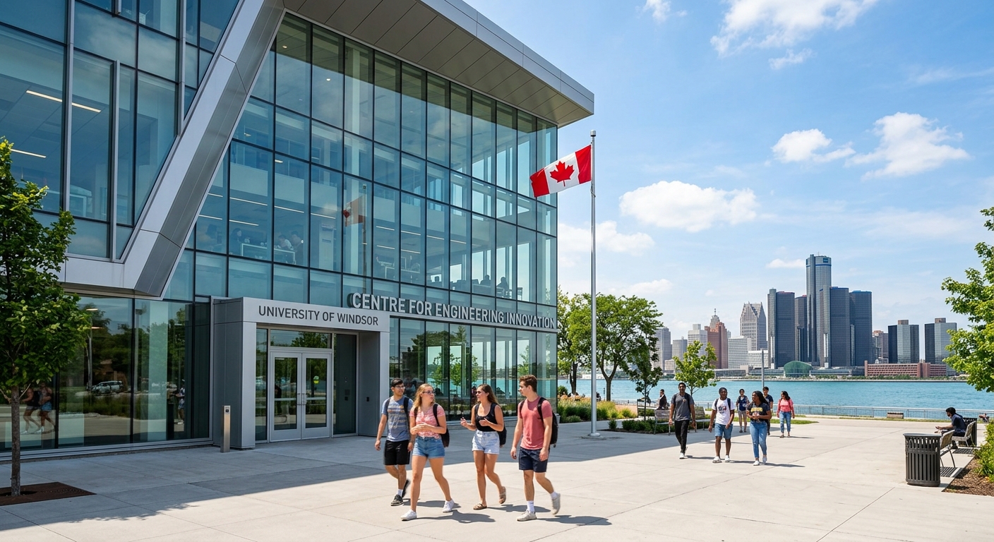 Modern Centre for Engineering Innovation building at University of Windsor, students walking near glass facade, Canadian flag, Detroit River visible in background, sunny day