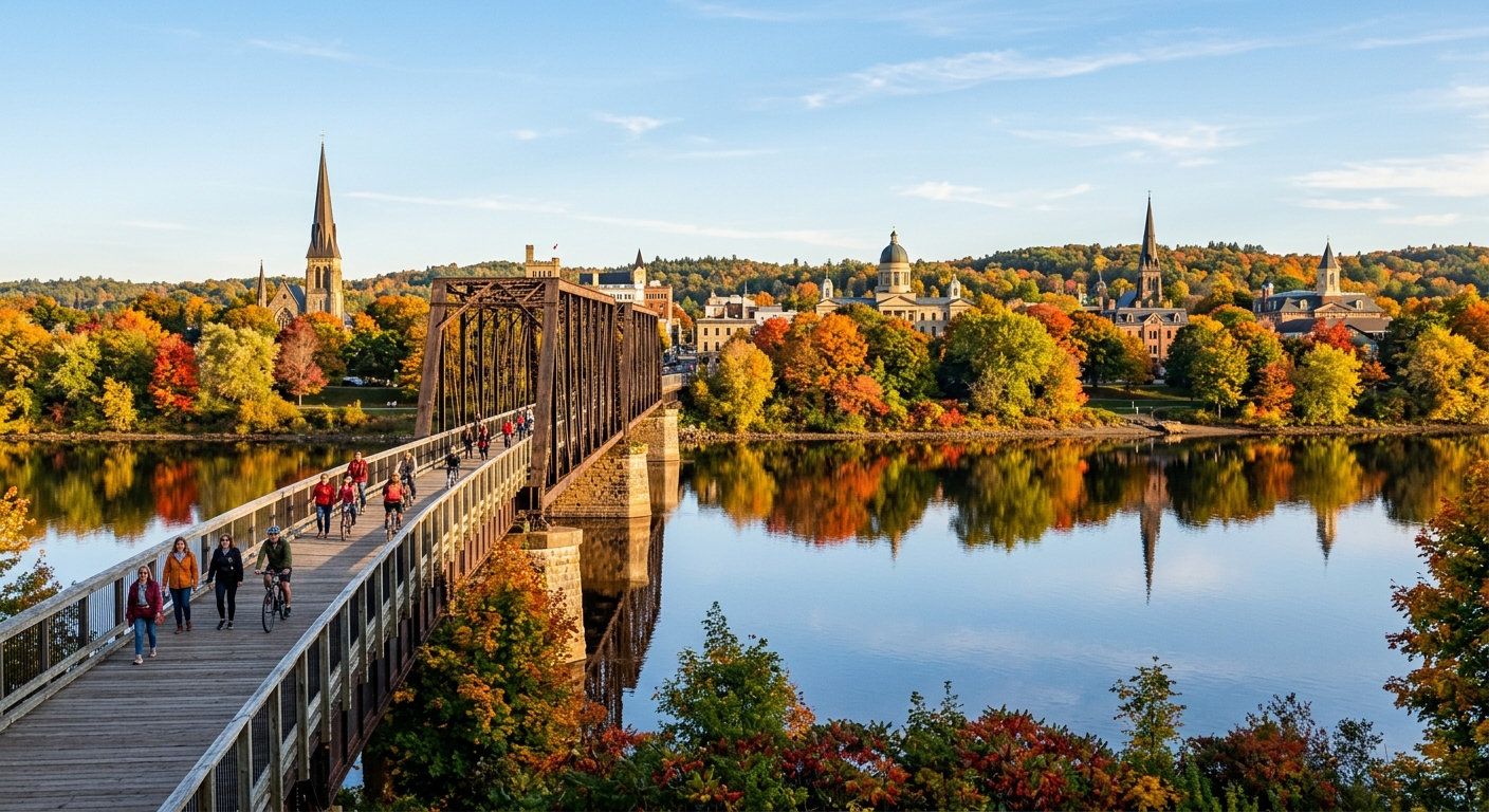 Fredericton New Brunswick cityscape along Saint John River, Bill Thorpe Walking Bridge in foreground, autumn foliage reflecting on calm river water, historic downtown buildings and church spires in background