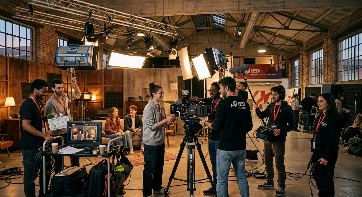 Modern film production studio in Milan with professional cinema cameras, lighting rigs, and students collaborating on set, IED campus interior with industrial design aesthetic and warm lighting