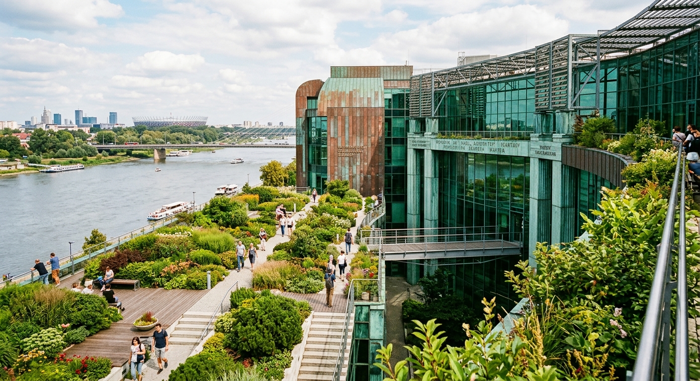 University of Warsaw Library building with famous rooftop garden, modern architecture with copper and green glass facade, lush plants on the roof terrace, Vistula River visible in background