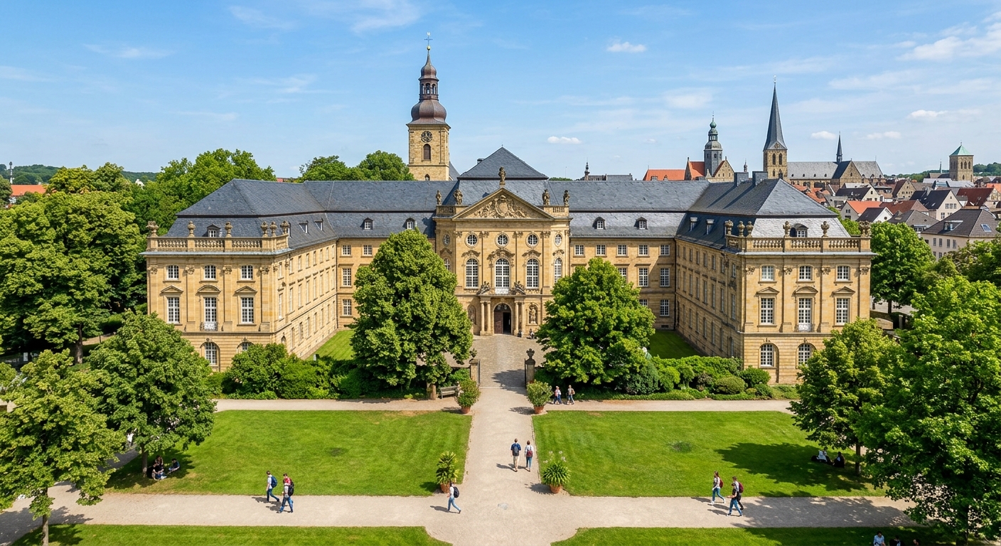 University of Osnabrück baroque castle main building with green courtyard, historic architecture surrounded by trees, Osnabrück city center in background, clear blue sky