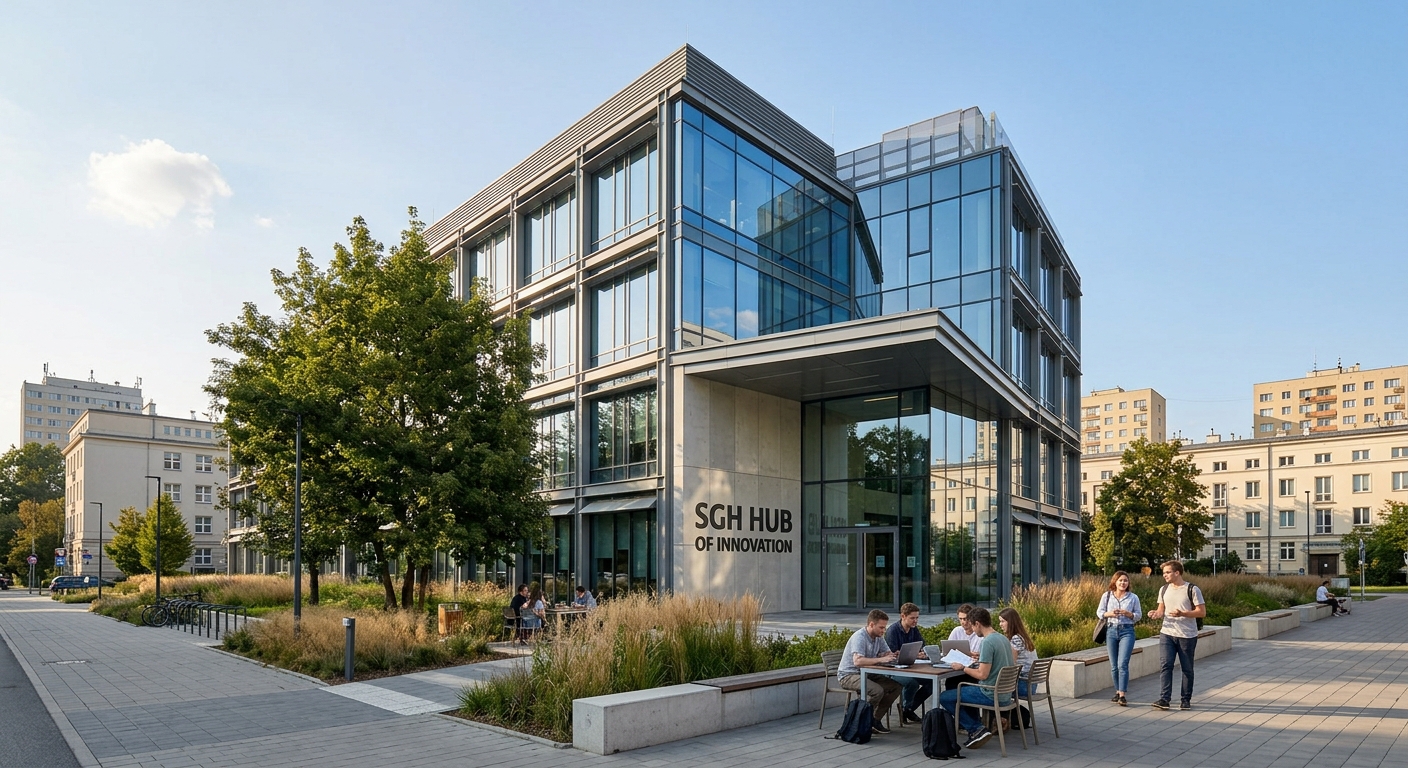 SGH Hub of Innovation modern glass and steel building exterior, four-storey contemporary architecture, green landscaping, students collaborating outside, Warsaw urban setting