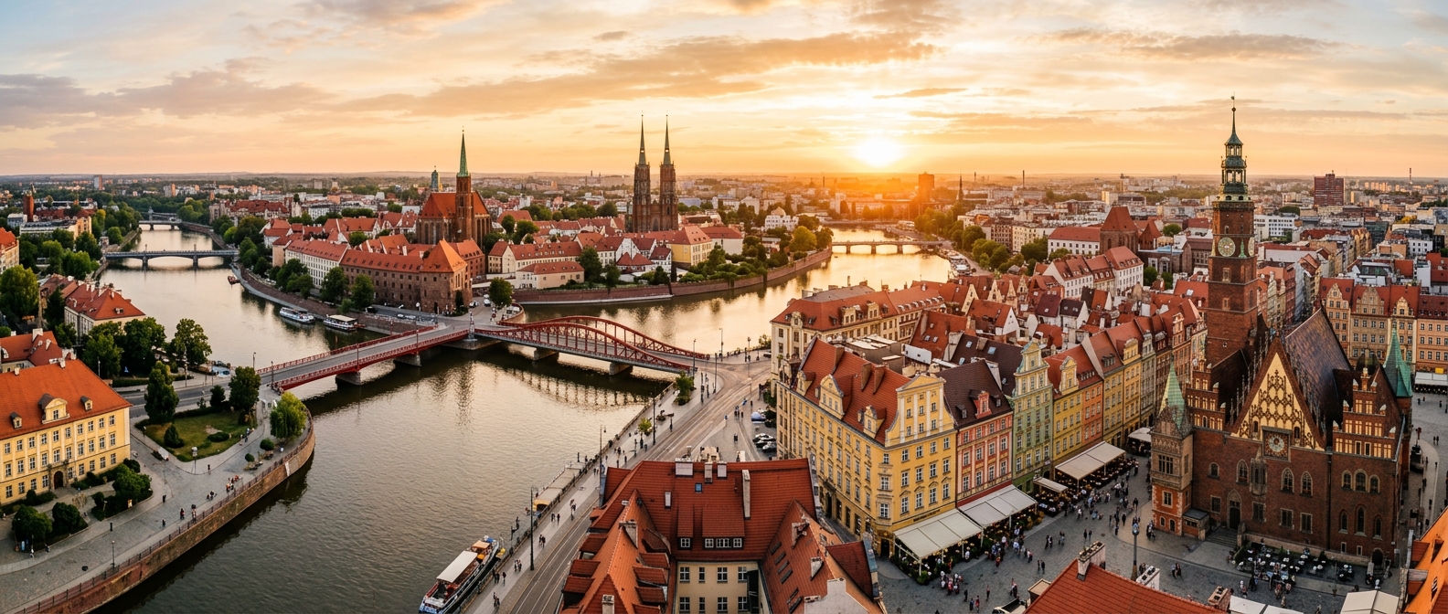 Panoramic view of Wroclaw city center with colorful townhouses on the Market Square, Gothic cathedral spires on Cathedral Island, bridges over the Oder River, and warm golden hour lighting